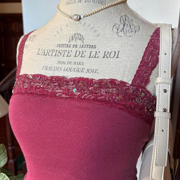 Abercrombie Vintage Camisole Tank Shelf Bra Lace Trim Burgundy / Red Sequins - Picture 5 of 6